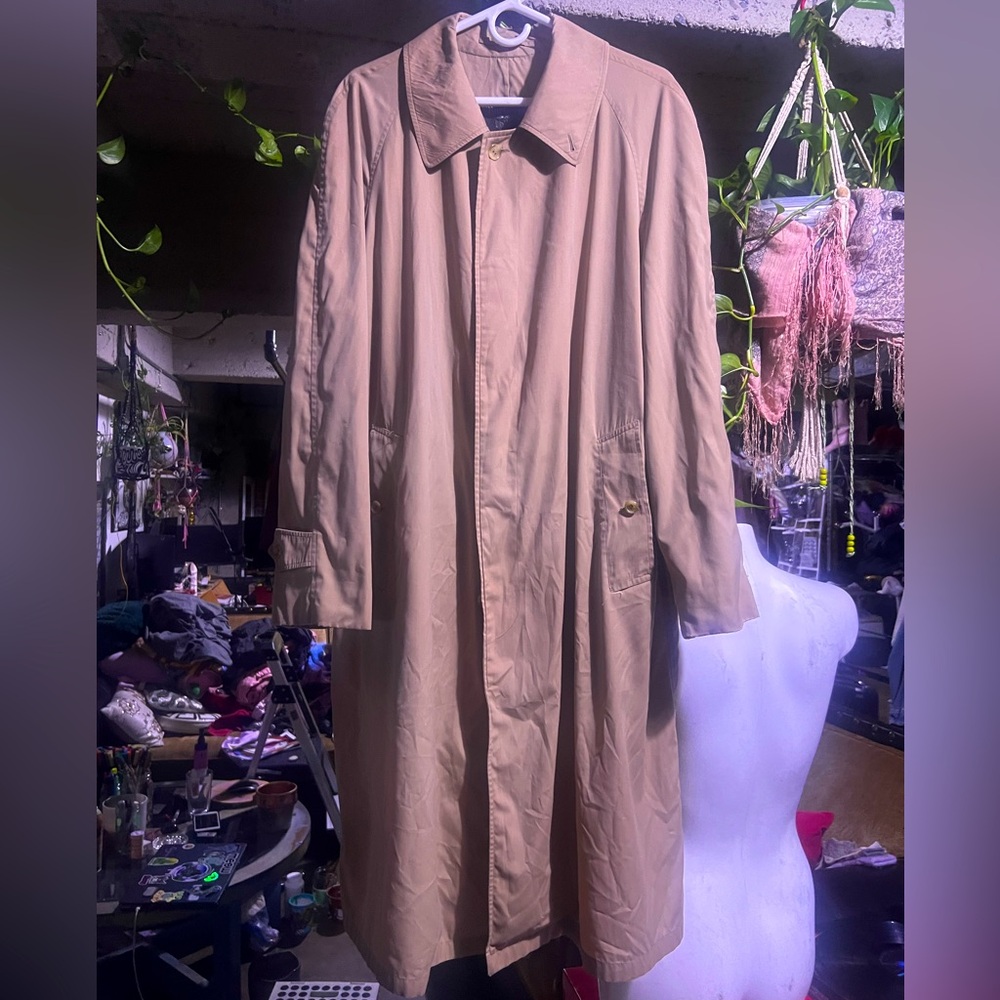 Vintage Burberry double-breasted trench coat. Khaki with turtle shell buttons.